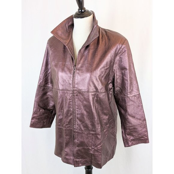 Womens Vintage Metallic Mauve Leather Jacket Ladies Small 1990s 3/4 Sleeve Coat - Picture 5 of 10